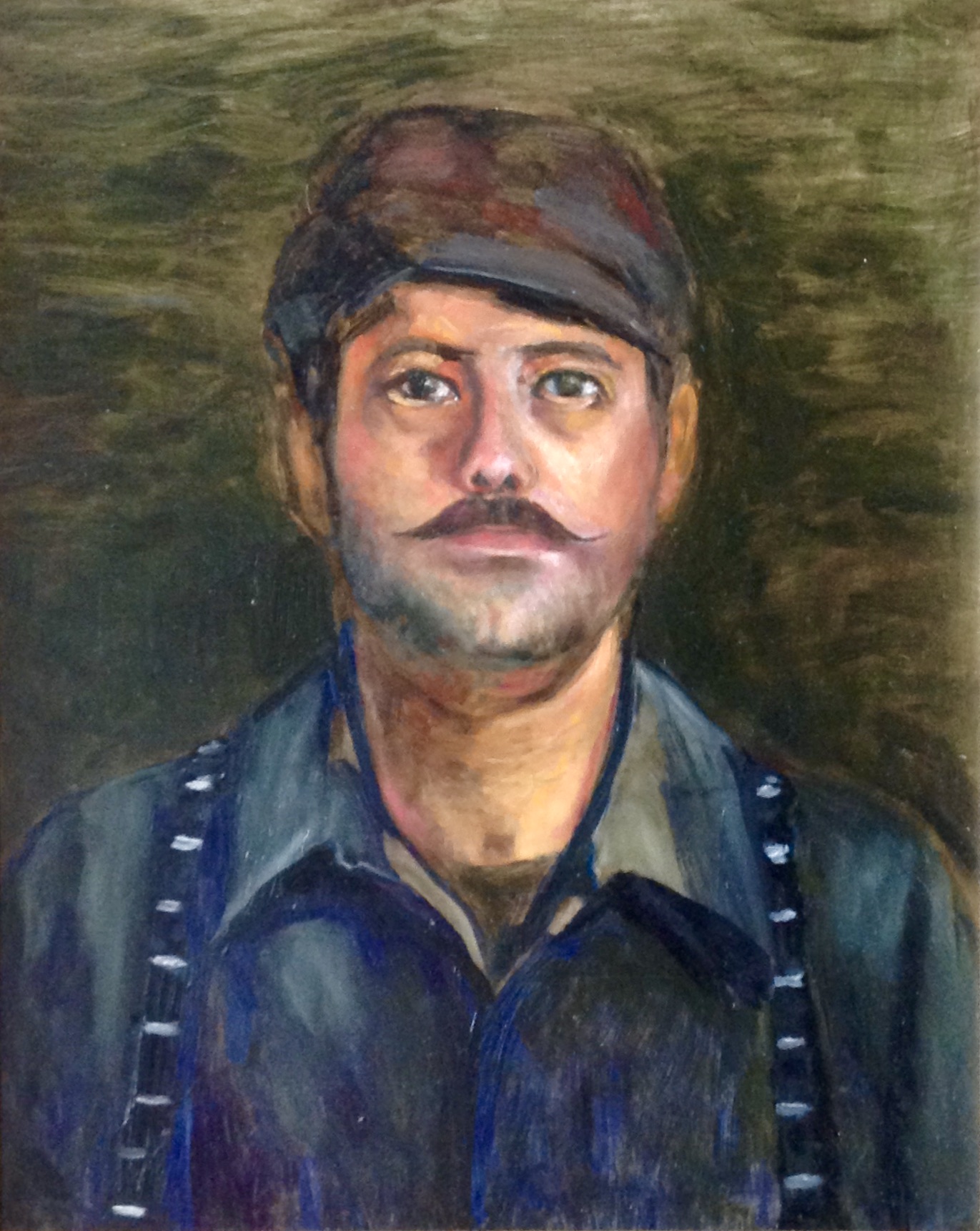 Oil on canvas portrait of a man named Luigi who is wearing a cap and suspenders by Odette Laroche in Sidney, BC.