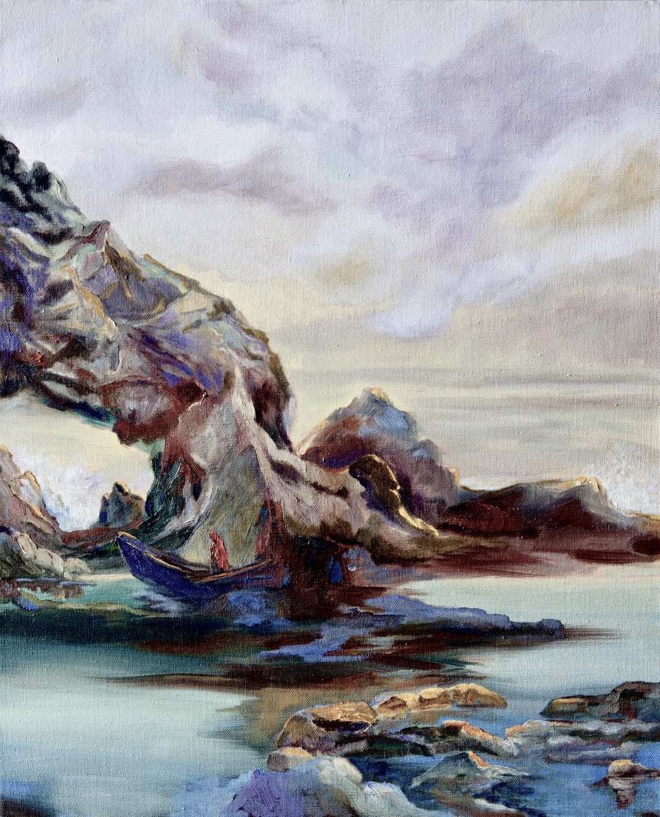 Oil on canvas painting of a rocky keyhole extending out in the ocean by Odette Laroche in Sidney, BC.